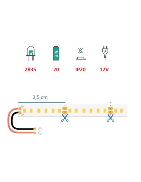Strip led effetto continuo 12V – 100W b.co caldo (2000lm/mt.)