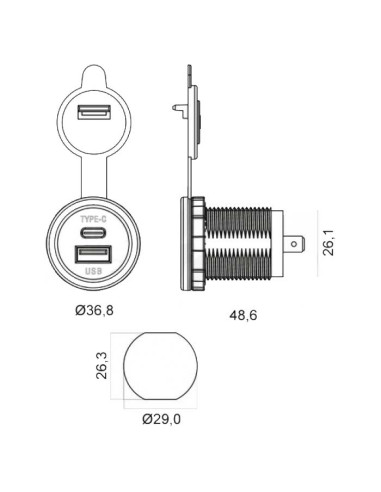 Adattatore USB Type C da incasso 3A