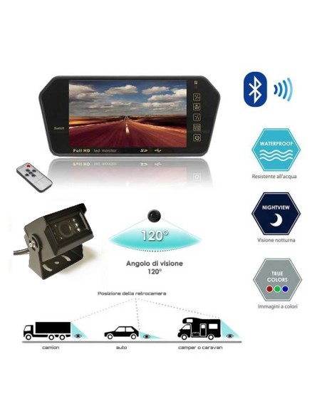 Sistema di retrovisione con specchio 7” Bluetooth® e telecamera 120°