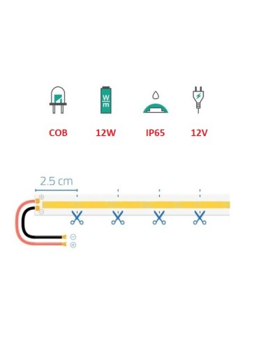 Strip led COB 12V – 12W/mt. impermeabile b.co...