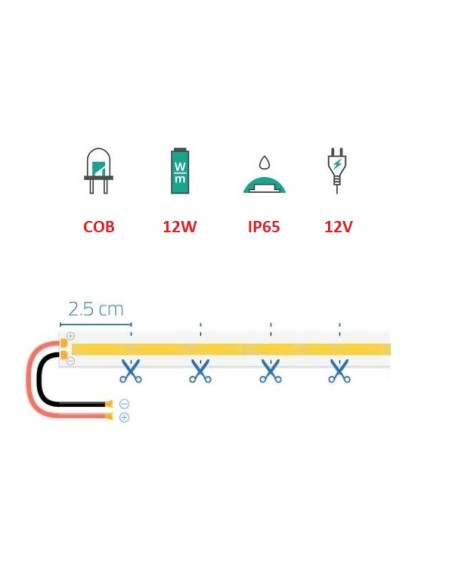 Strip led COB 12V – 12W/mt. impermeabile b.co caldo (1200 lm/mt.)