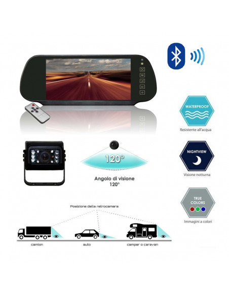 Sistema di retrovisione wireless con specchio 7” Bluetooth® e telecamera 120°
