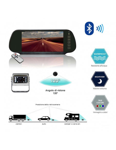 Sistema di retrovisione wireless con specchio 7” Bluetooth® e telecamera bianca 120°